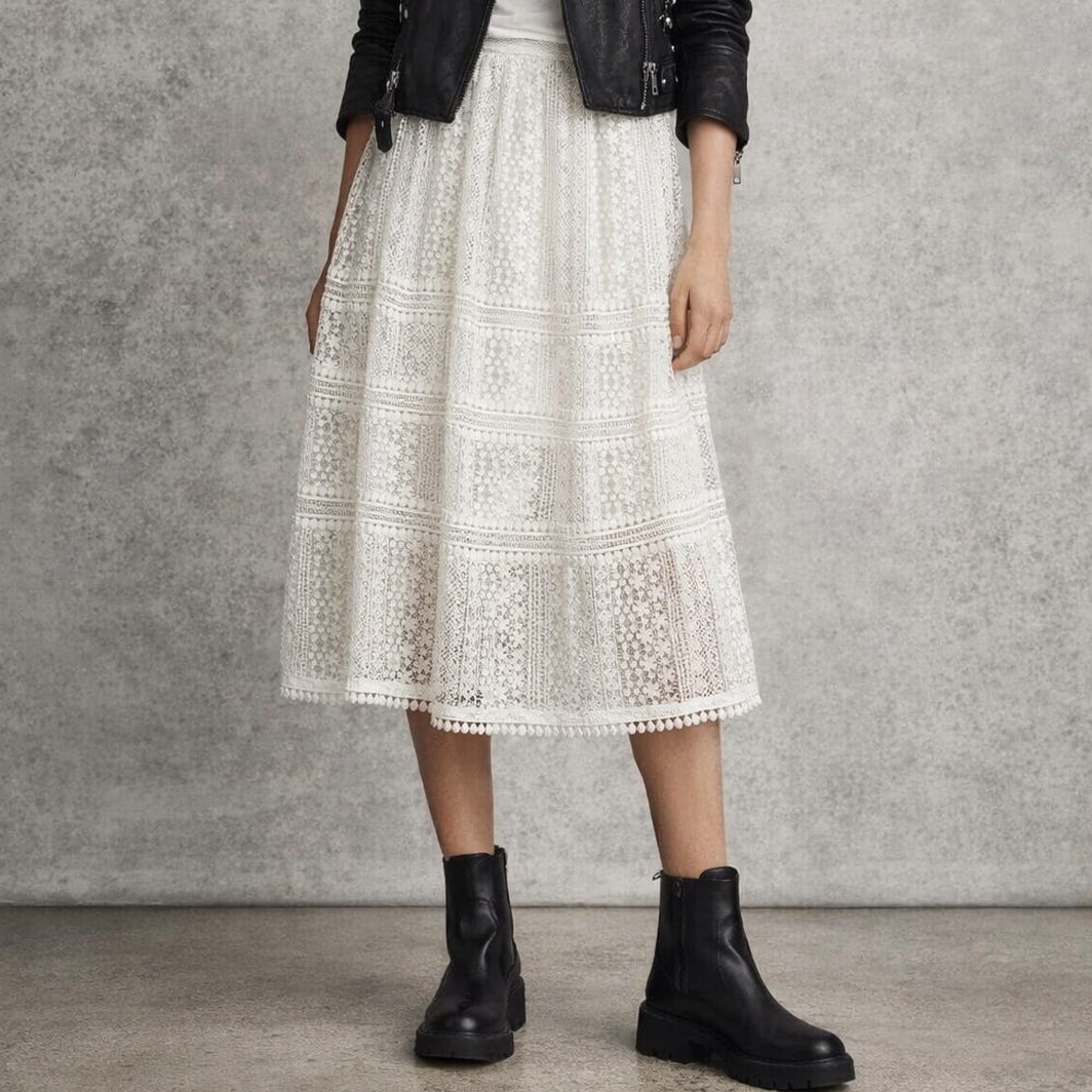 NWOT AllSaints Rowan Chalk Crochet High Waist Lace Skirt, size 4